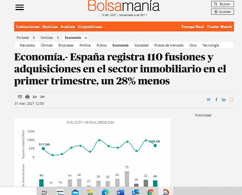 Espaa registra 110 fusiones y adquisiciones en el sector inmobiliario en el primer trimestre, un 28% menos